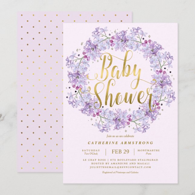 Classy Light Lila Gold Floral Wreath Babydusche Einladung (Vorne/Hinten)