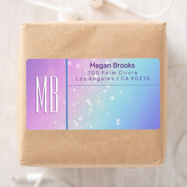Classy Lila & Blue Bokeh Star Monogram Address (Insitu)