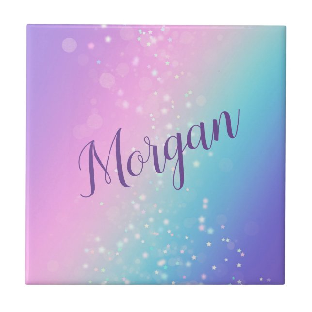 Classy Lila & Blue Bokeh Star, Name oder Monogramm Fliese (Vorderseite)