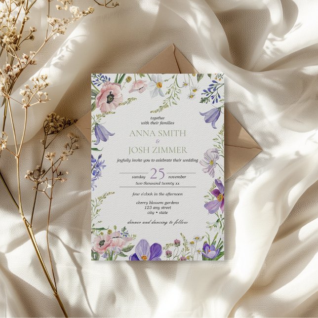 Classy Lilac Lavender Wildblumen Elegante Hochzeit Einladung (classy wildflowers elegant chic rustic wedding invitation with floral details)