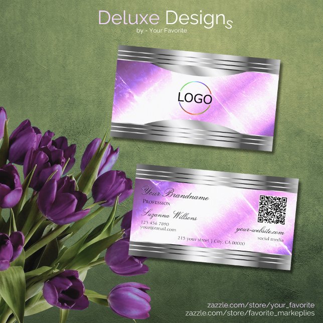 Classy Lilac Silver Shimmer Borders Logo QR Code Visitenkarte (Von Creator hochgeladen)