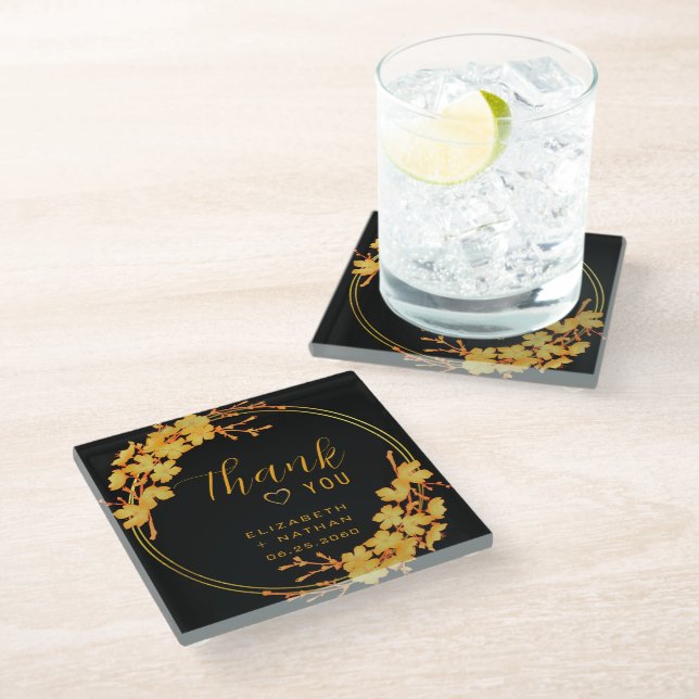 Classy Luxury Black Gold Floral Wedding Vielen Dan Glasuntersetzer (Schrägansicht)