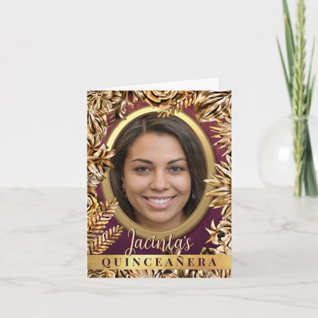 Classy Luxury Gold Floral Custom Foto Quinceañera Einladung (Vorderseite)