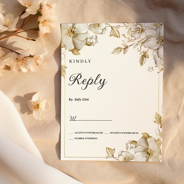 Classy luxury white and gold floral RSVP Einladung (Classy luxury white and gold floral RSVP)
