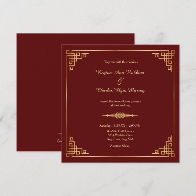 Classy Maroon Red Gold Rahmen Hochzeitseinladung Einladung (Vorne/Hinten)