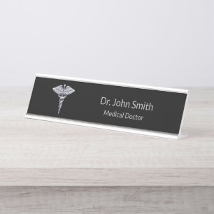 Classy Medical Caduceus Silver on Black Schreibtischnamensplakette