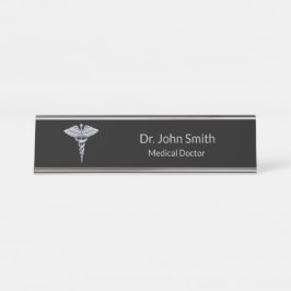 Classy Medical Caduceus Silver on Black Schreibtischnamensplakette
