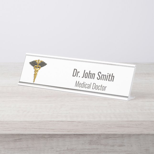 Classy Medical Elegante Gold Caduceus Black Wings Schreibtischnamensplakette (Vorderseite )