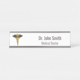 Classy Medical Elegante Gold Caduceus Black Wings Schreibtischnamensplakette