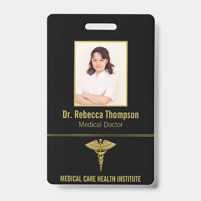 Classy Medical Gold Caduceus auf Black Foto ID Ausweis (Front)
