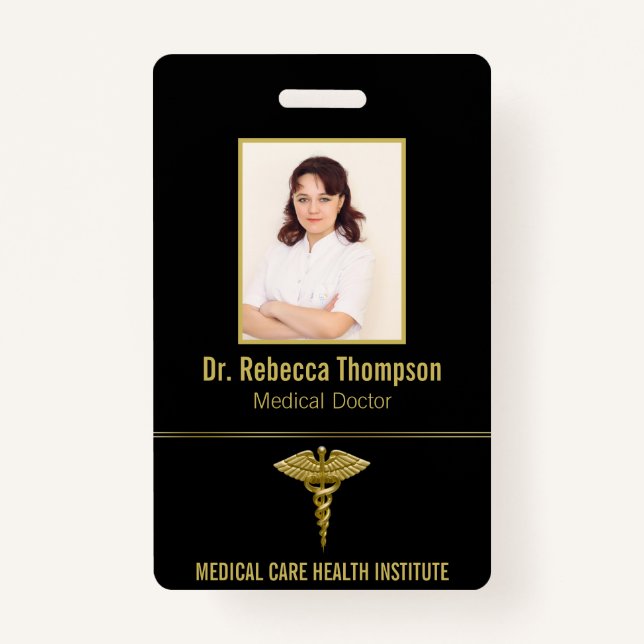 Classy Medical Gold Caduceus auf Black Foto ID Ausweis (Vorderseite)