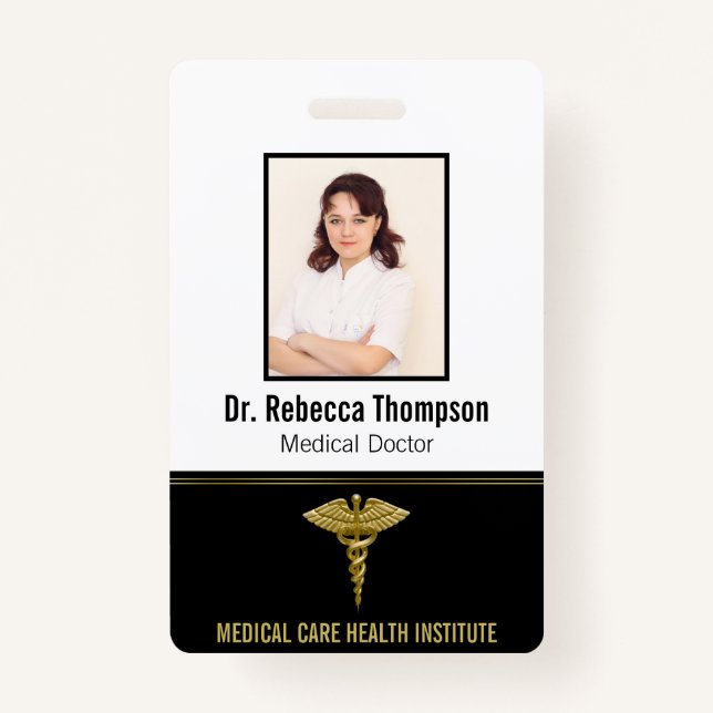 Classy Medical Gold Caduceus auf Black Foto ID Ausweis (Vorderseite)