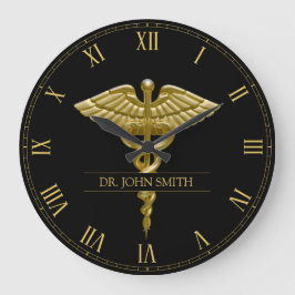 Classy Medical Gold Caduceus auf schwarz Große Wanduhr