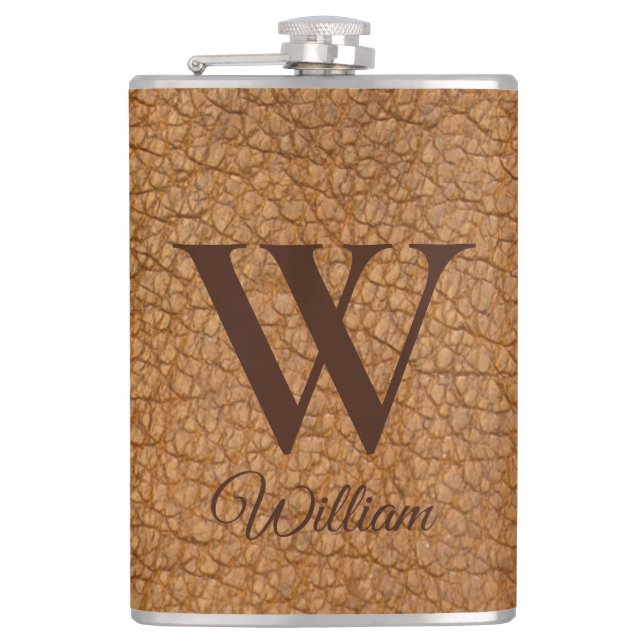 Classy Mit Monogramm Initial Brown Imitats Leather Flachmann (Vorderseite)