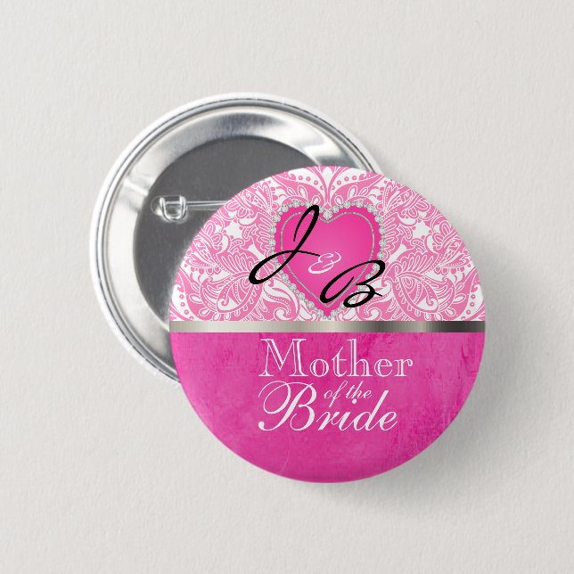 Classy Monogram Wedding Party - Rosa Herz Button (Vorne & Hinten)