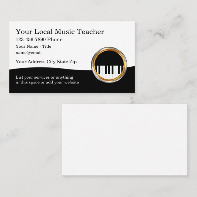 Classy Music Teacher Piano Theme Business Cards Visitenkarte (Vorne/Hinten)