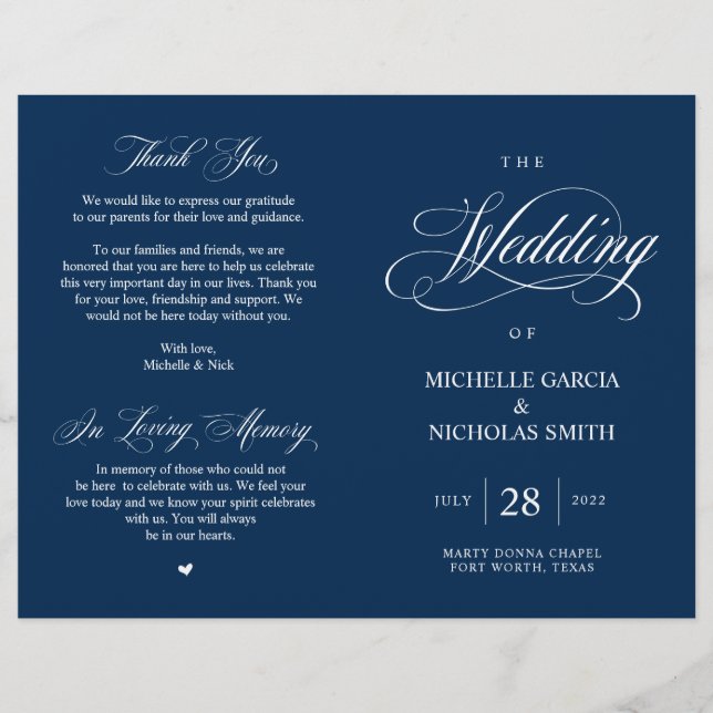 Classy Navy Blue, Foldable Wedding Program (Vorderseite)