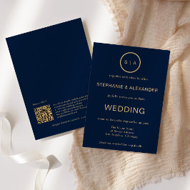 Classy Navy Blue Gold Monogram QR Code Hochzeit Einladung