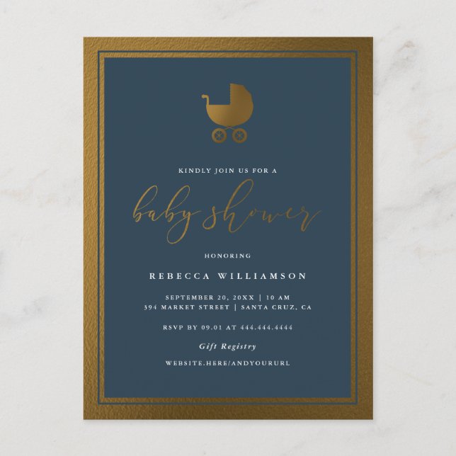 Classy Navy Blue & Gold Pram Boy Baby Dusche Einladungspostkarte (Vorderseite)