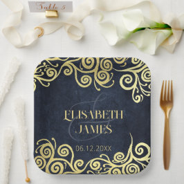 Classy Navy Blue Gold Wirbel Hochzeit ausgezeichne Pappteller