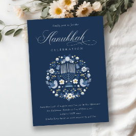 Classy Navy Blue Hanukkah Floral Party Einladung