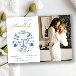 Classy Navy Blue Happy Hanukkah 1 Foto Floral Feiertagskarte