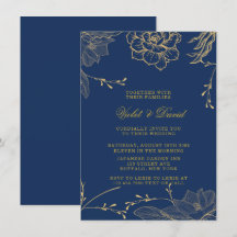 Classy Navy Blue und Gold Florals Wedding Invitati
