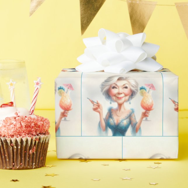 Classy Old Lady mit Cocktail Geschenkpapier (Geburtstagsparty)