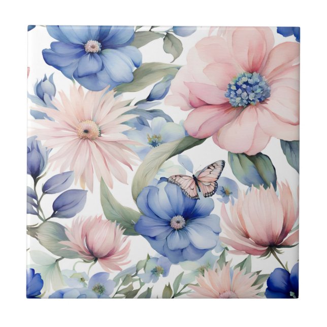 Classy Pink & Blue Blume Bunch Fliese (Vorderseite)