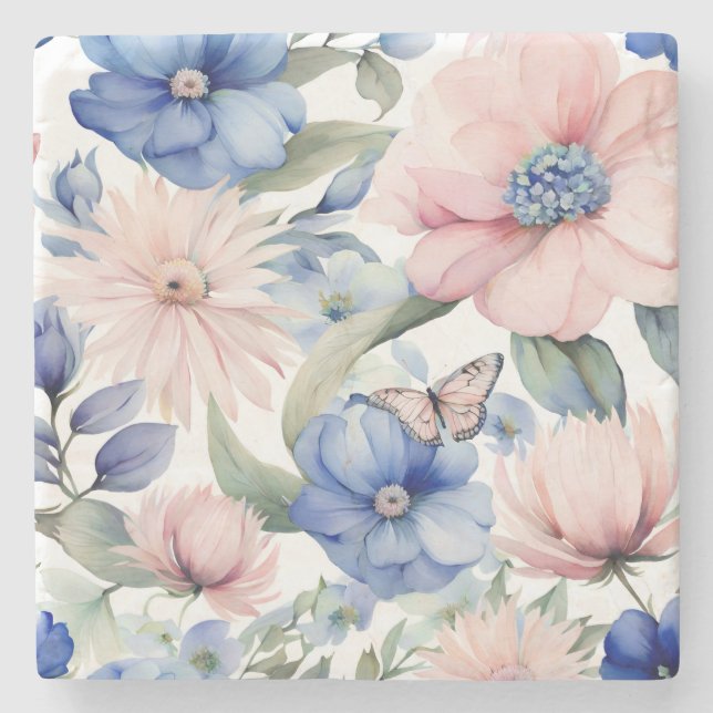Classy Pink & Blue Blume Bunch Steinuntersetzer (Vorderseite)