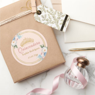 Classy Pink Blue Floral Quinceanera Runder Aufkleber