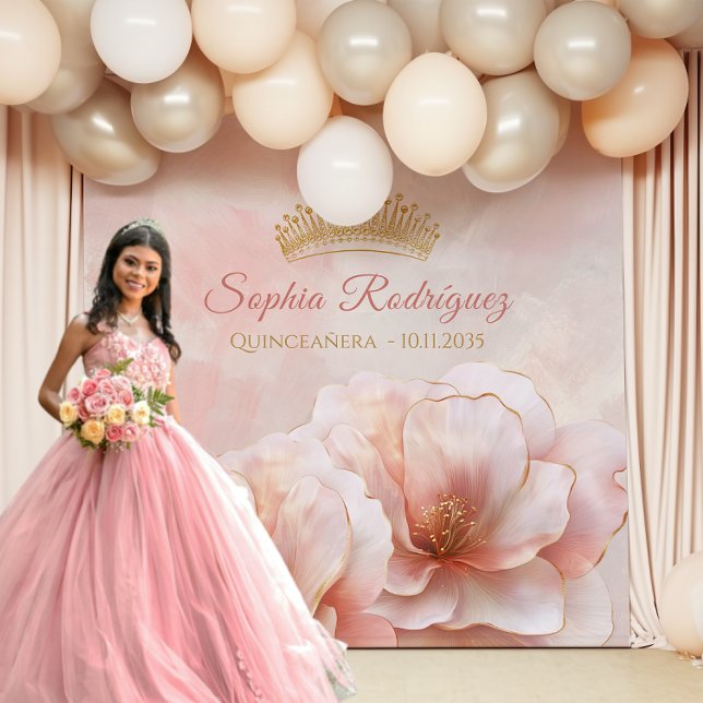 Classy Pink Floral Quinceanera Foto Hintergrund Wandteppich (Classy Pink Floral Quinceanera Photo Backdrop)