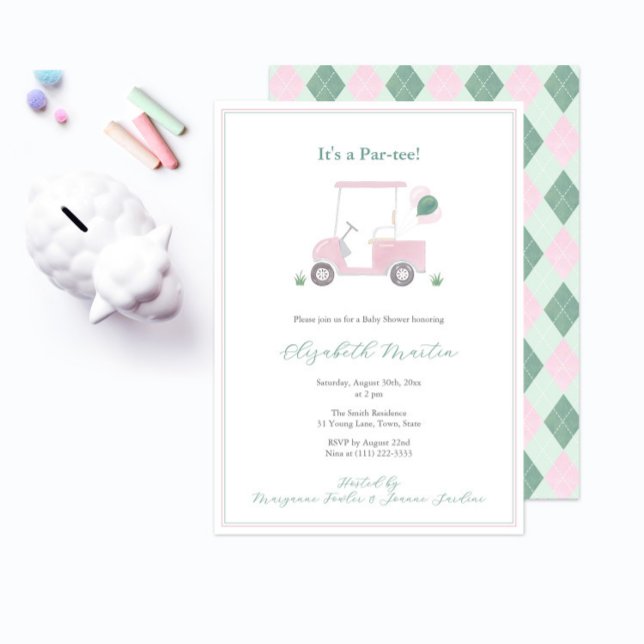 Classy Pink und Green Golf Cart Kinderdusche Einladung (It's a baby shower par-tee! Pink and Green golf cart baby shower invitation to welcome a little girl)