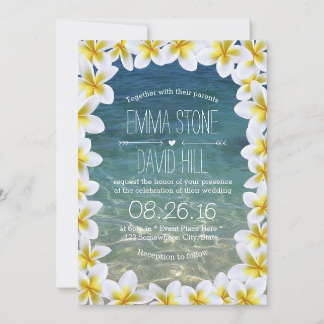 Classy Plumeria Floral Frame Beach Hochzeit Einladung (Vorderseite)