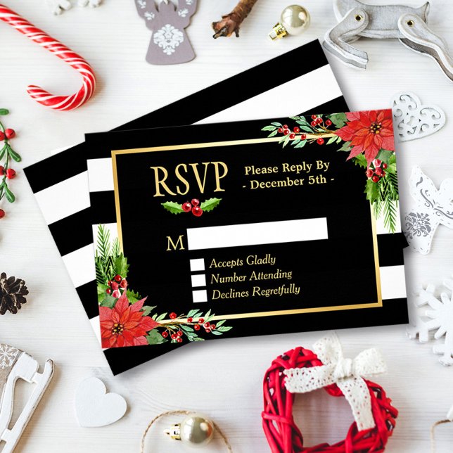 Classy Poinsettia Floral Gold Schwarz-weiße Streif RSVP Karte (Von Creator hochgeladen)