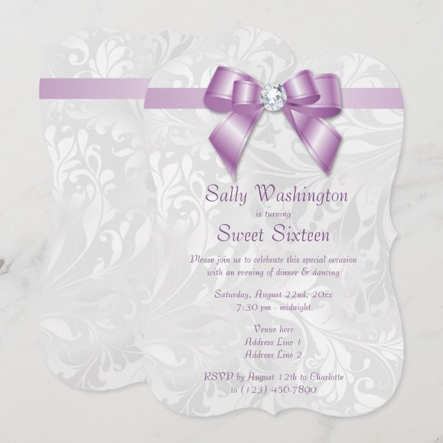 Classy Posh Diamond Bow & Damask Geburtstag Einladung (Vorne/Hinten)