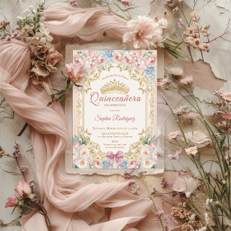 Classy Princess Pink Blue Floral Quinceanera Ankündigung