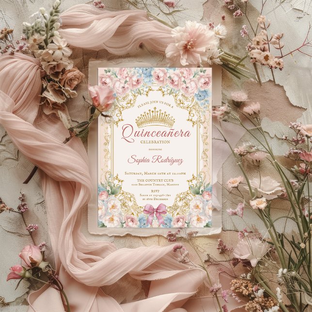Classy Princess Pink Blue Floral Quinceanera Ankündigung (Classy Princess Pink Blue Floral Quinceanera Announcement)