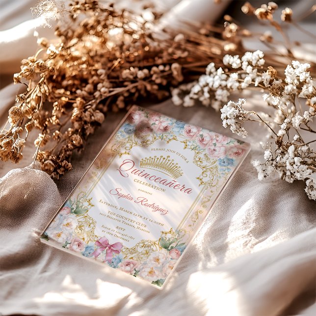 Classy Princess Pink Bow Floral Quinceanera Acryleinladungen (Classy Princess Pink Blue Floral Quinceanera Acrylic Invitations)