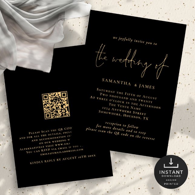 Classy QR Code Gold Black Wedding Einladung (Front and back view)
