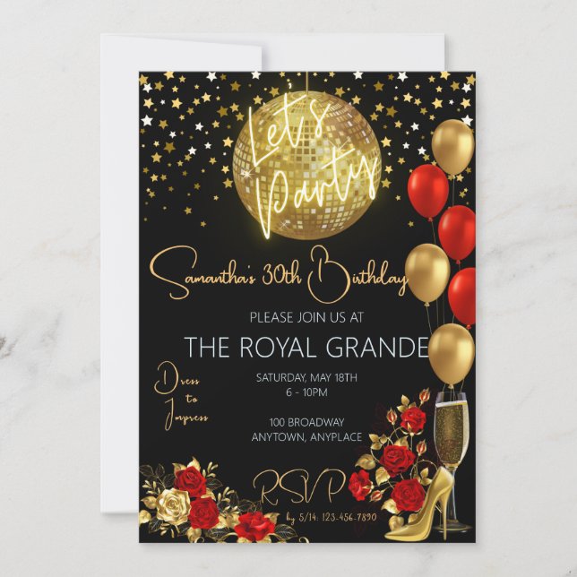Classy Red et Gold Fancy Invitation d'anniversaire (Devant)