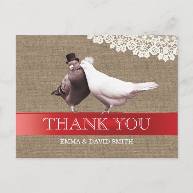 Classy Red Ribbon Love Birds Burlap Vielen Dank Postkarte (Vorderseite)