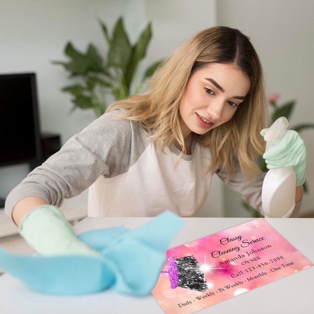 Classy Reinigungsservice Haushaltshilfe Pink Spark Visitenkarte (Classy Cleaning Service Maid Pink Spark Rose Business Card)