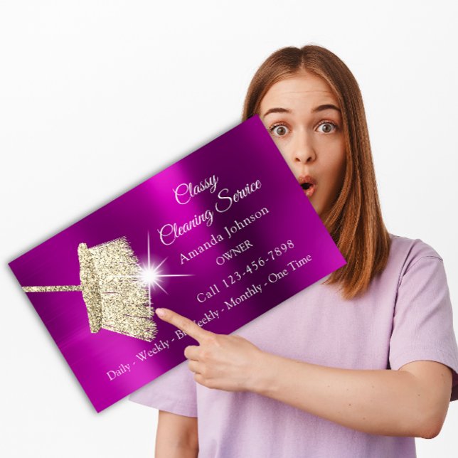 Classy Reinigungsservice Maid Gold Fuchsia Pink Visitenkarte (Classy Cleaning Service Maid Gold Fuchsia Pink Business Card )