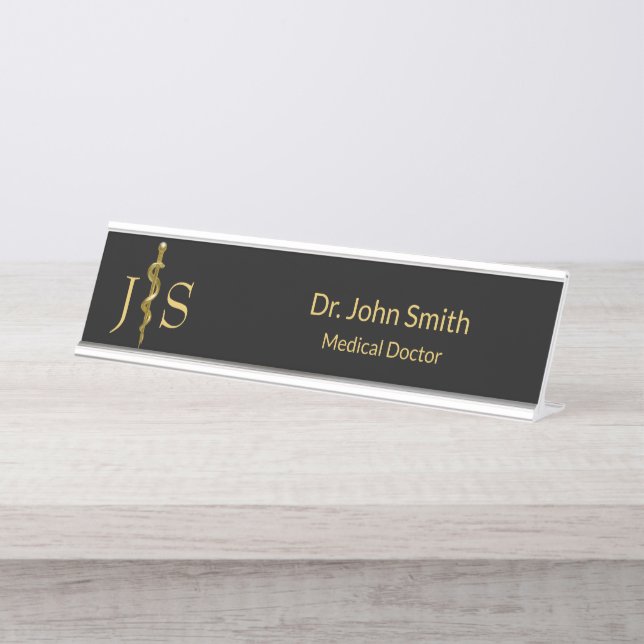 Classy Rod of Asclepius Gold auf schwarzem Medizin Schreibtischnamensplakette (Vorderseite )