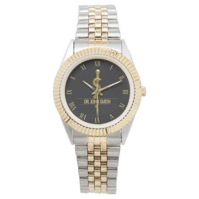 Classy Rod of Asclepius Gold auf schwarzen medizin Armbanduhr (Vorderseite)