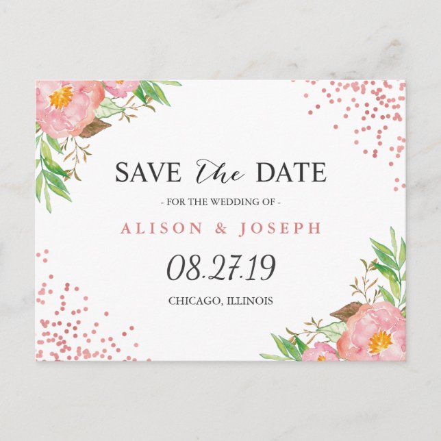 Classy Rose Gold Dots Blumenhochzeit speichern Dat Ankündigungspostkarte (Vorderseite)