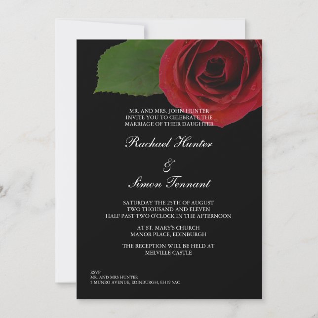 Classy Rote Rose Hochzeit - Schwarz Einladung (Vorderseite)