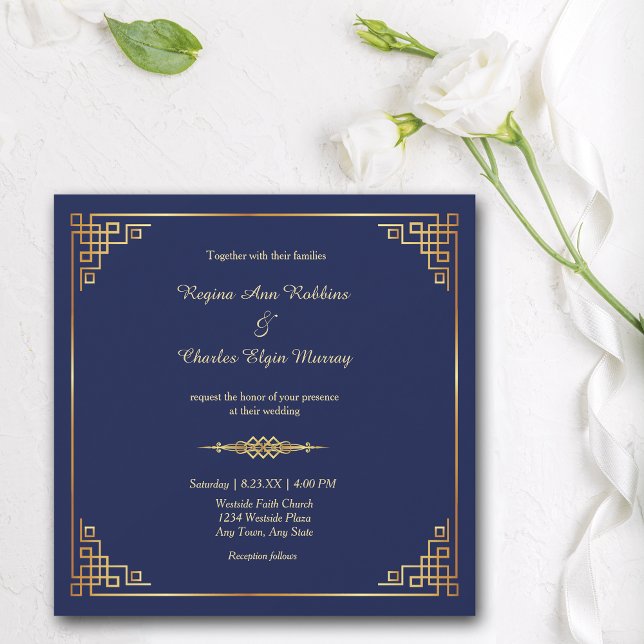 Classy Royal Blue Gold Frame Faire-part de mariage (Créateur téléchargé)