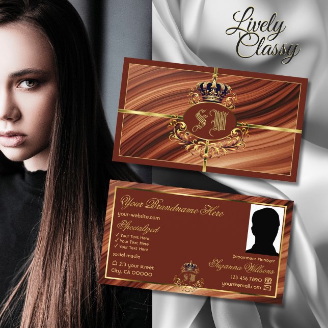 Classy Royal Brown Gold Crown mit Monogram Foto Visitenkarte (Von Creator hochgeladen)
